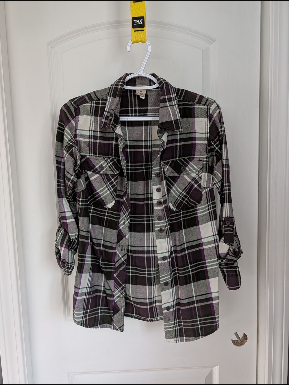 Duluth Trading Co Brown, Purple & Gray Plaid Shirt